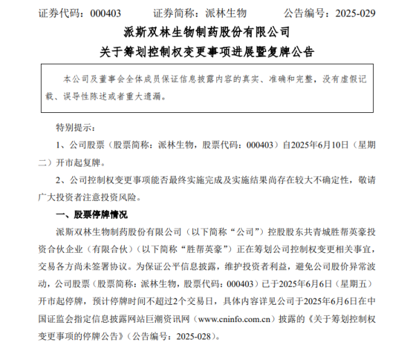 聚赢配资网 000403！实控人拟变更，明日复牌！